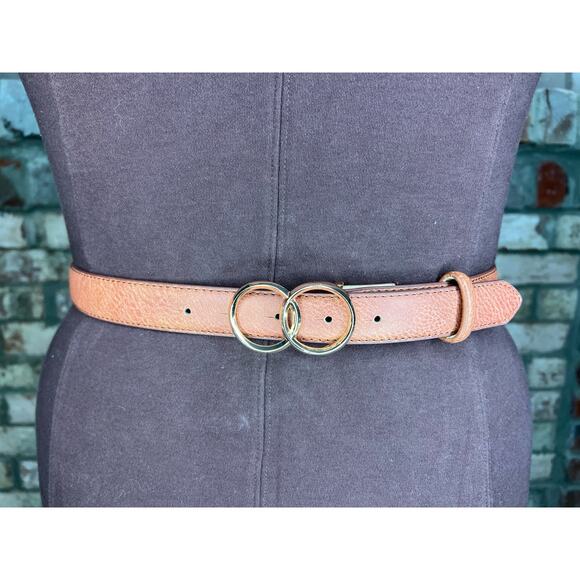 belt  vegan leather tan interlocking circles buckle gold - Picture 1 of 9